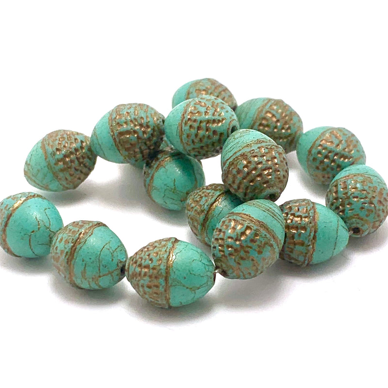 Acorn Czech Glass Beads, Sea Green with Matte Finish & Gold Wash, 10x12mm