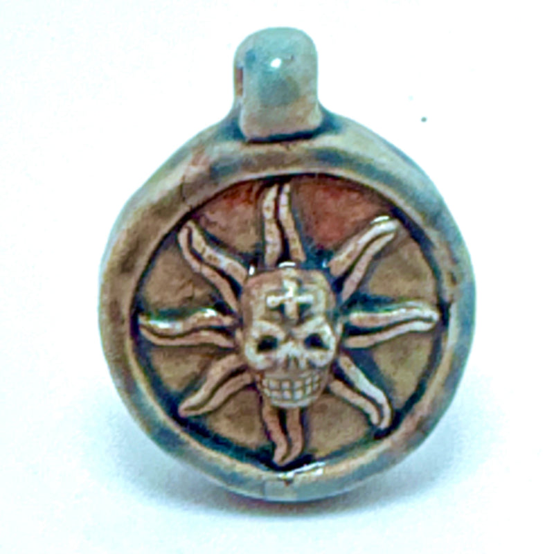 Skull Sun Head Peruvian Ceramic Raku Pendant, 28mm