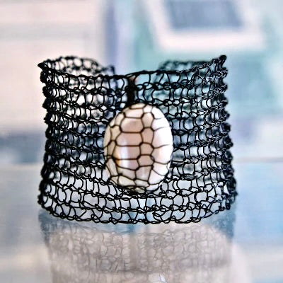 Woven Wire Bracelet with Long Coin Pearl Focal