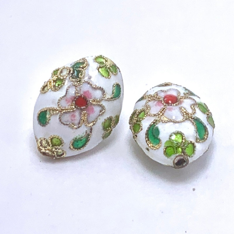 Cloisonne Floral Oval Bead, White with Pink  & Green 19mm