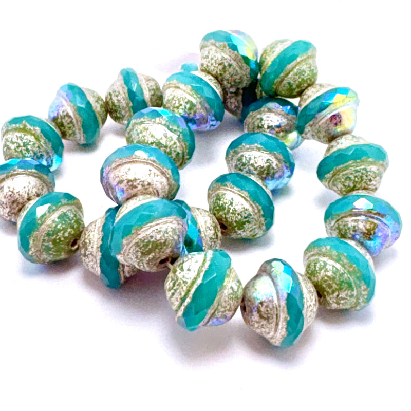 Saturn Czech Beads Tea Green with Antique Silver AB Finish, 10x12mm
