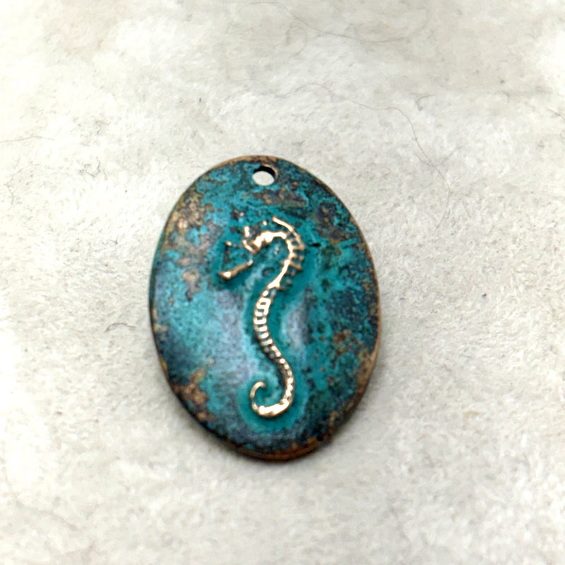Bronze Patina Oval Charm with Sea Horse Imprint, 20mm
