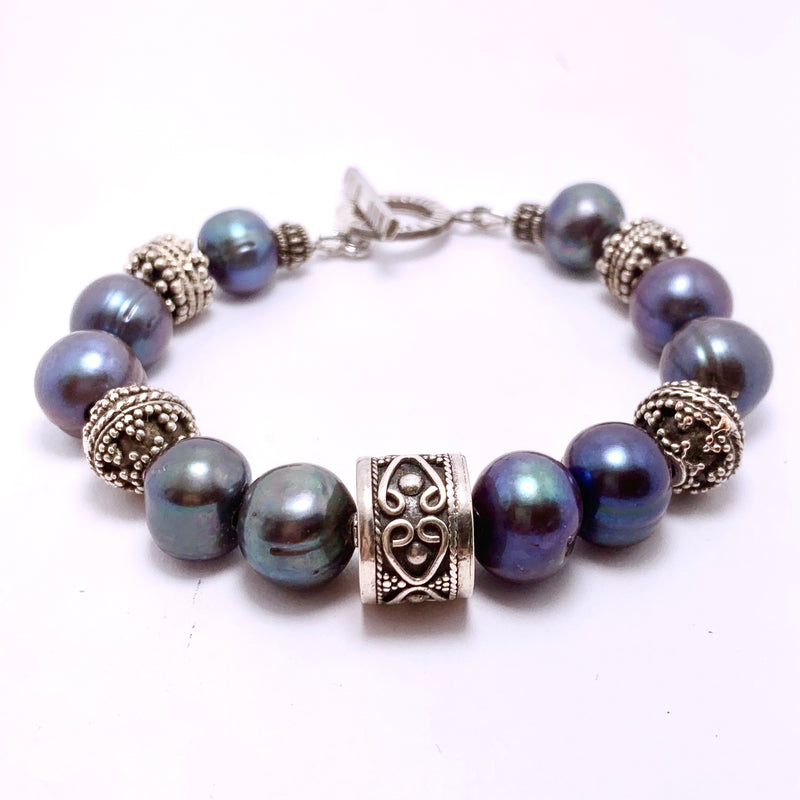 Peacock Pearl & Balinese Sterling Silver Bracelet
