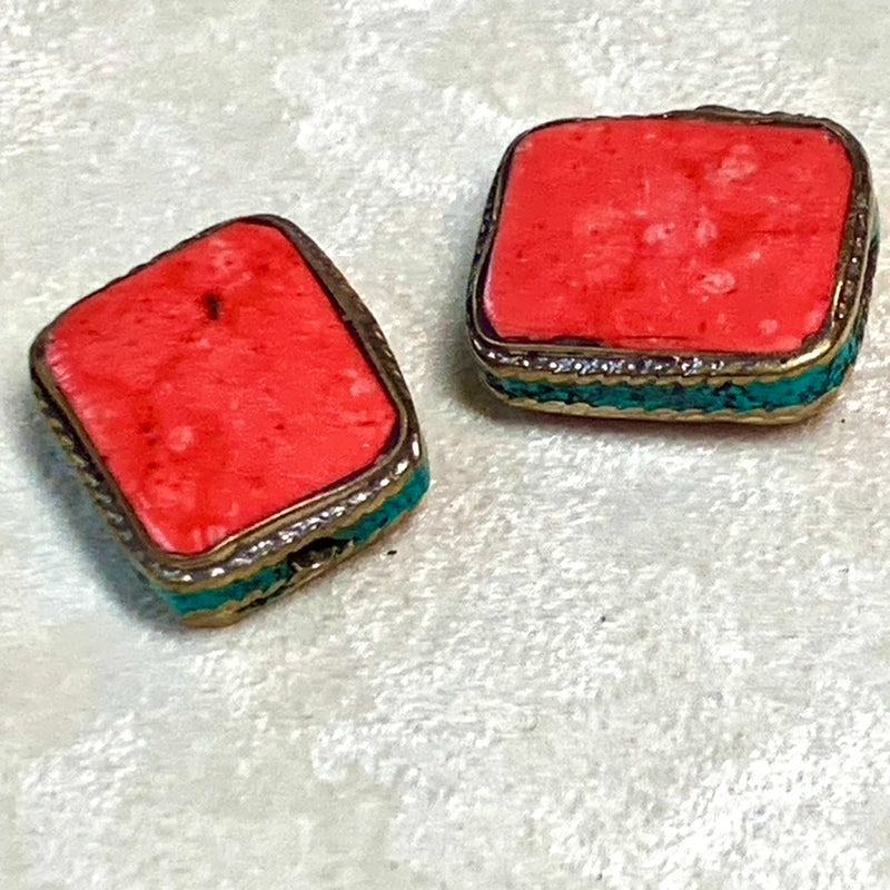 Coral Inlay Square Tibetan Bead