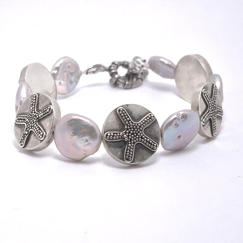 Nautical Pearl & Starfish Bracelet – Sterling Silver