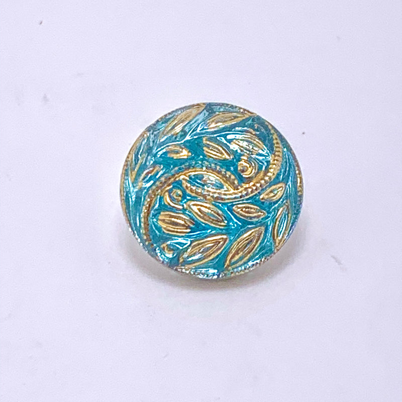 Vintage Flower Czech Button  12mm Turquoise with Gold