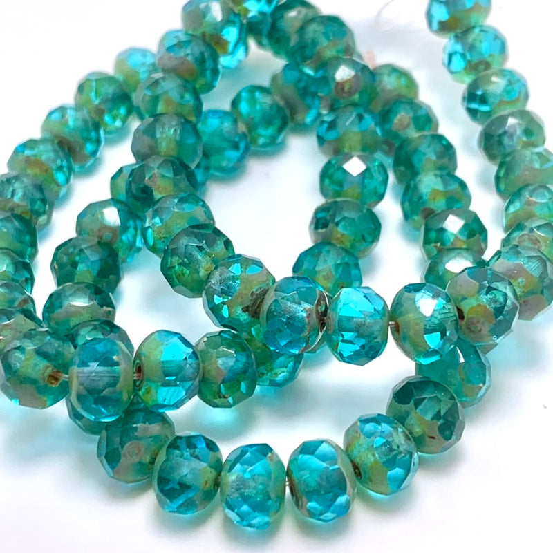 Rondelle Czech Glass Beads Teal Blue w/ Picasso, 5x7mm