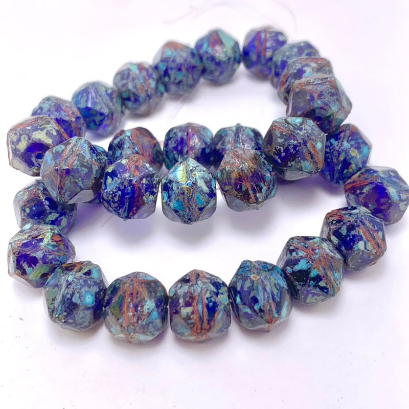 Antique English Cut Czech Glass Beads, Sapphire with Picasso Finish, 10mm