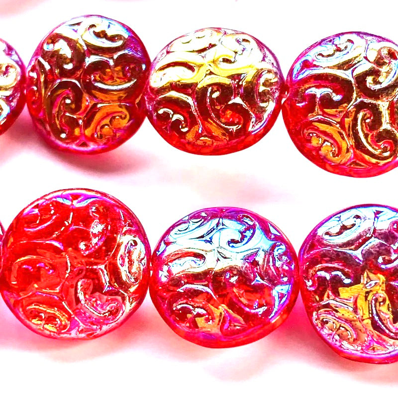 Button Coin Czech Beads Transparent Red 2AB 13mm
