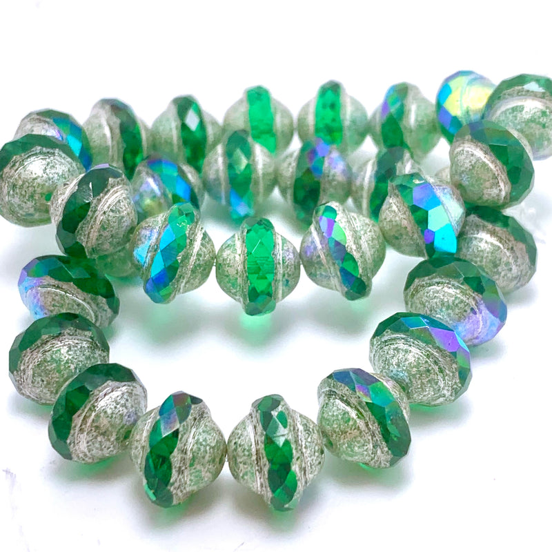 Saturn Czech Beads Emerald with Antique Silver AB Finish, 8X10mm