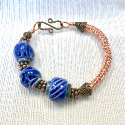 Viking Knit & Beaded Copper Bangle with Handmade Ceramic Beads
