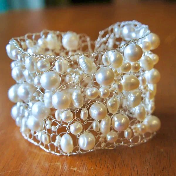Hand-Knit White Freshwater Pearl Cuff Bracelet