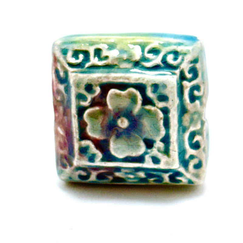 Flower Motif Tile Peruvian Ceramic Raku Bead , 19mm