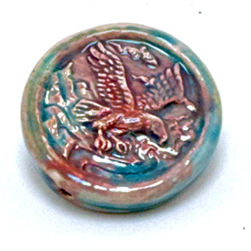 Eagle Motif Coin Peruvian Ceramic Raku Bead, 37mm