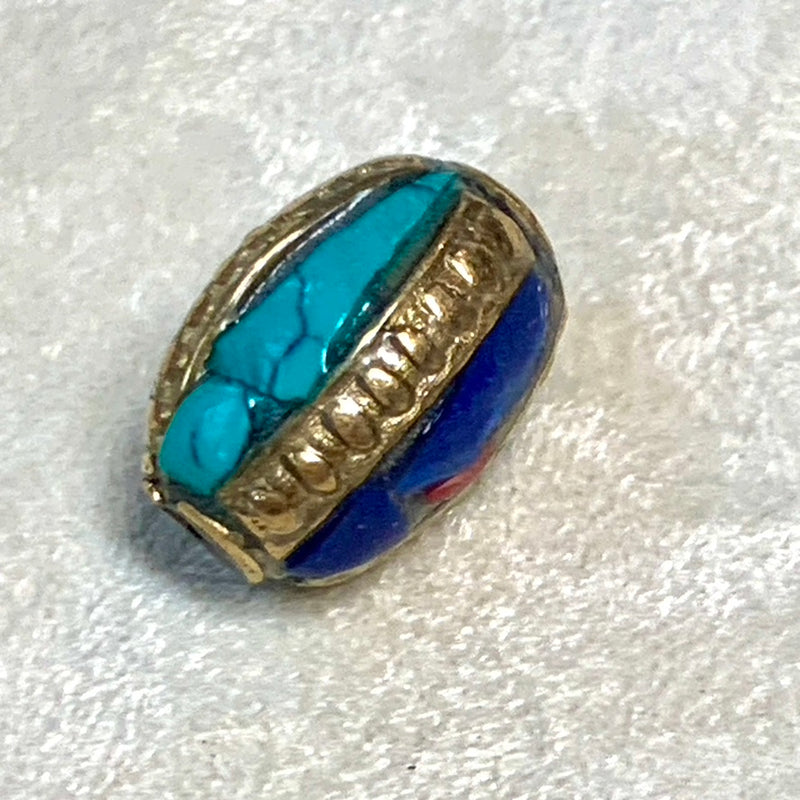 Turquoise and Lapis Brass Inlay Tibetan Beads