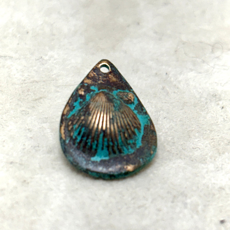 Bronze Patina Teardrop Charm with Scallop Shell Imprint, 16mm