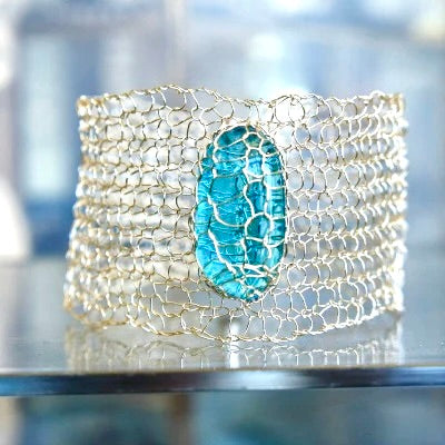 Coastal-Inspired Silver Wire Cuff with Blue Glass Focal