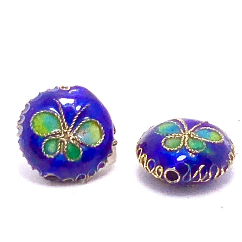 Cloisonne Butterfly Coin Bead, Blue with Green 15mm