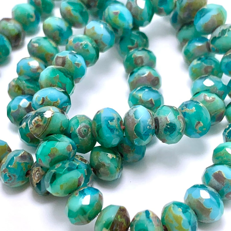 Rondelle Czech Glass Beads Sea Green Mix w/ Picasso, 5x7mm