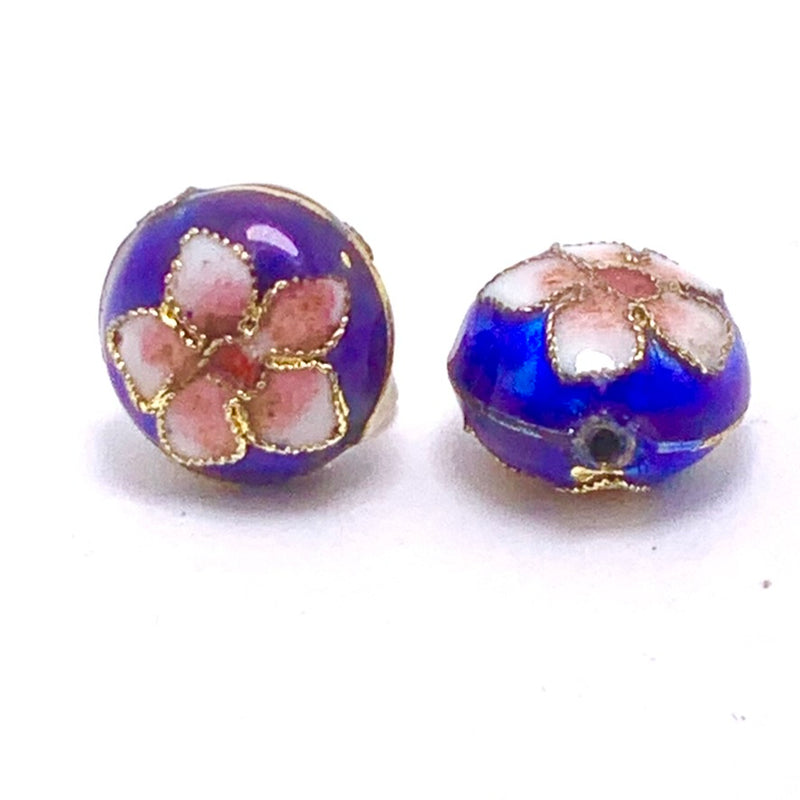 Cloisonne Floral Coin Bead, Blue with Pink 13mm