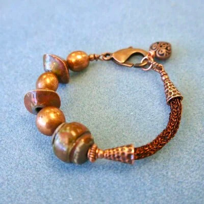 Viking Knit Copper Bangle with Handmade Raku Beads