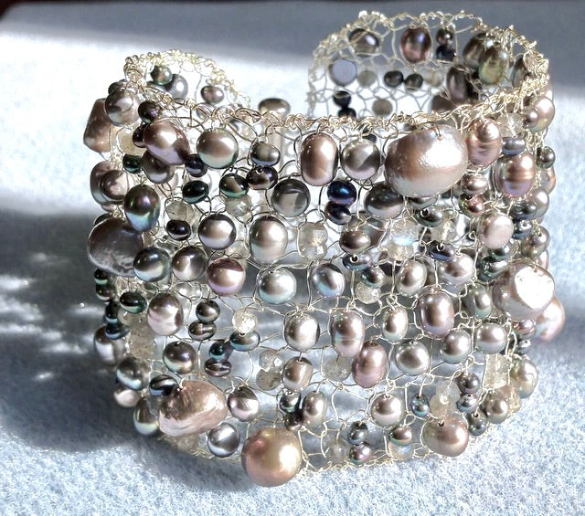 Hand-Knit Grey Freshwater Pearl Cuff Bracelet