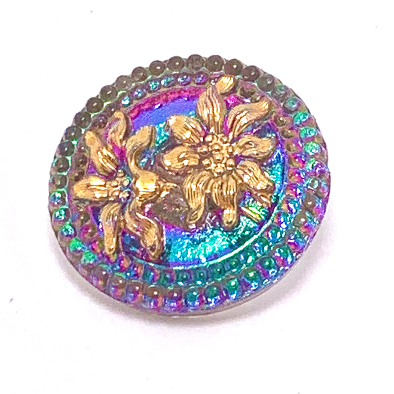 Flowers Czech Button 24mm Gold with Green & Amethyst