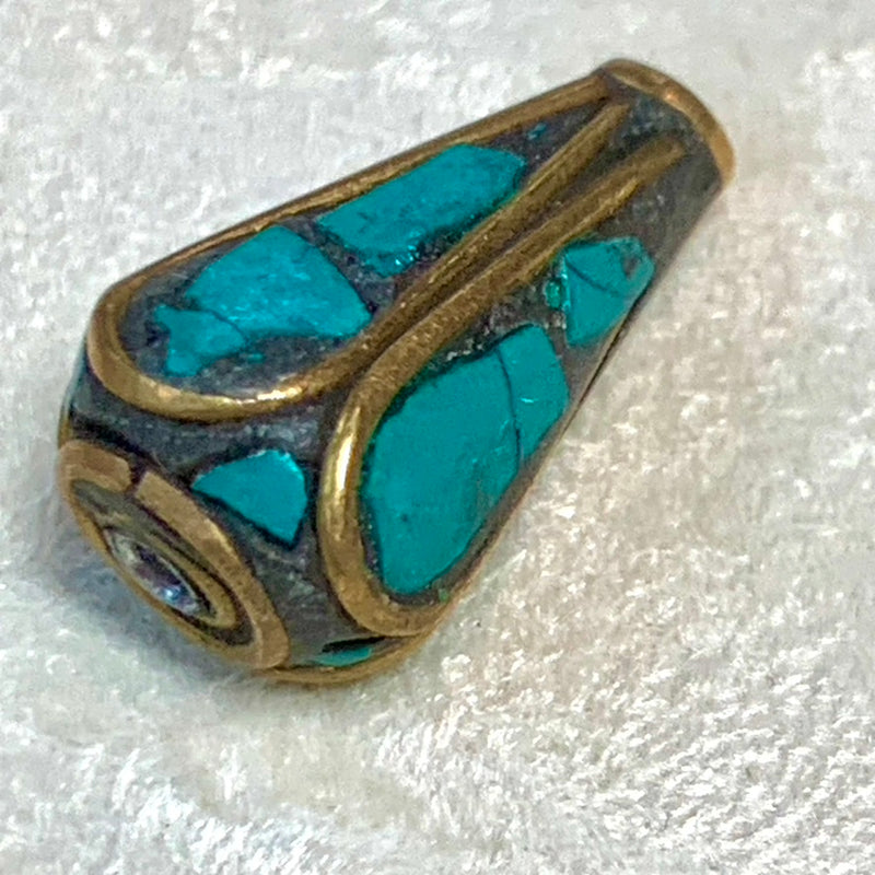 Turquoise and Brass Inlay Drop Tibetan Beads