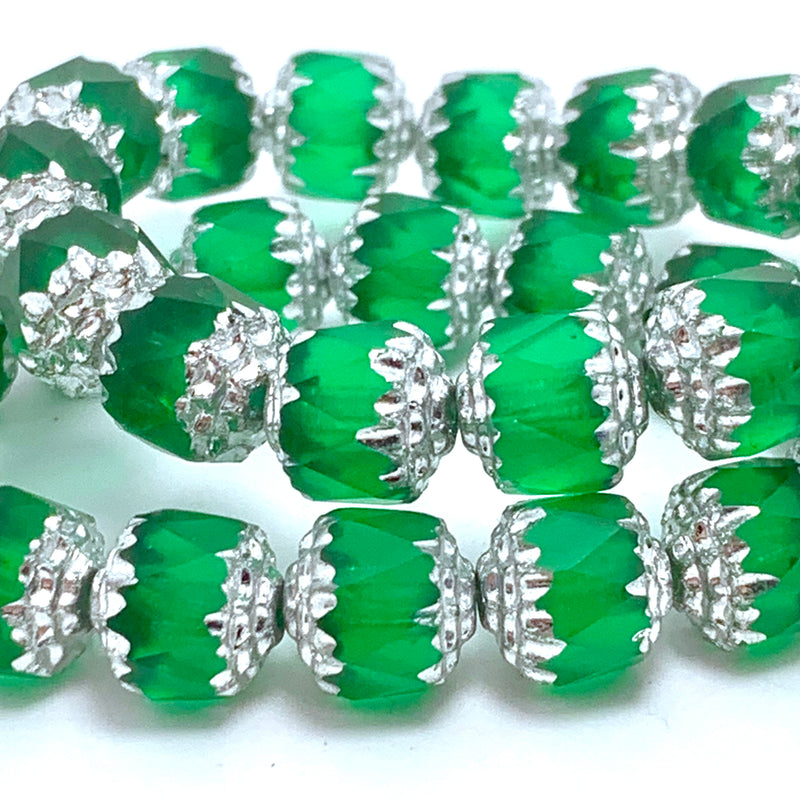 Cathedral Cut 8mm Czech Glass Beads, Emerald with Silver Finish