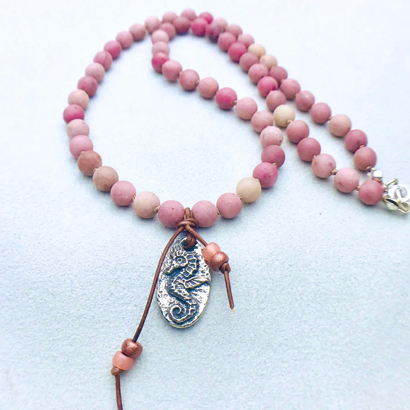 Sea Horse & Rhodocrosite Knotted Necklace