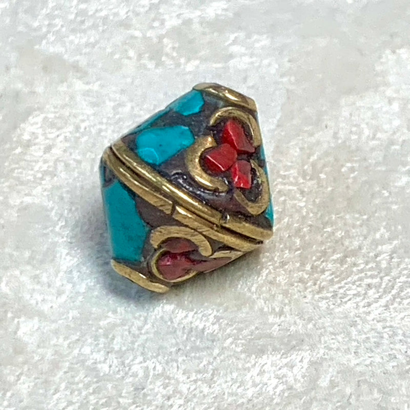 Turquoise Coral and Lapis Bicone Brass Inlay Tibetan Beads