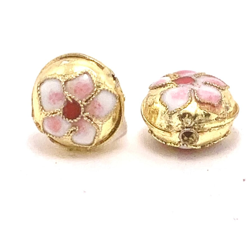 Cloisonne Floral Coin Bead, Gold with Pink 13mm