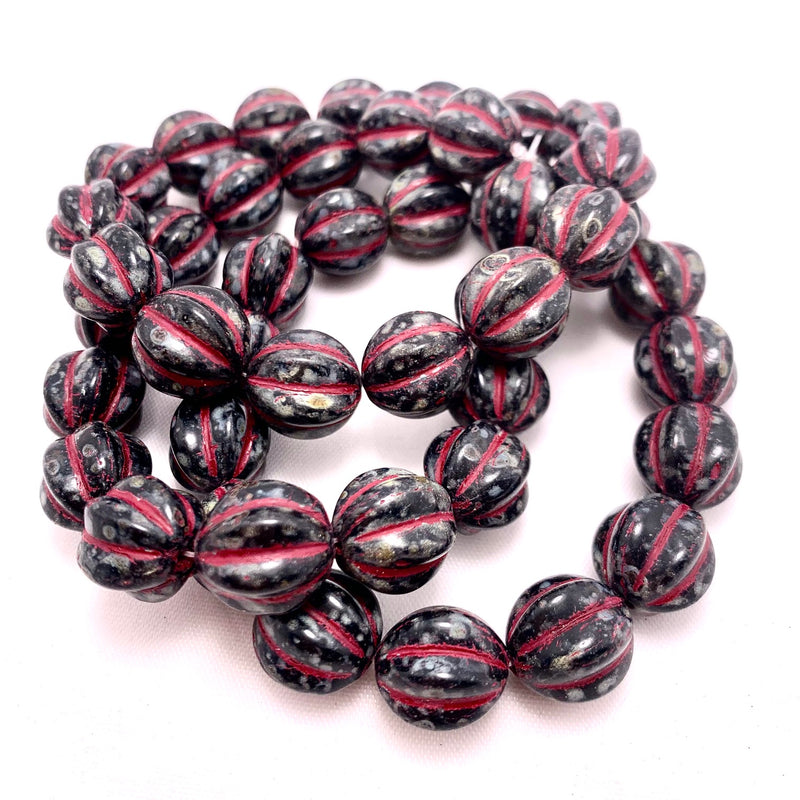 Melon Czech Glass Beads Black with Red Wash 12mm