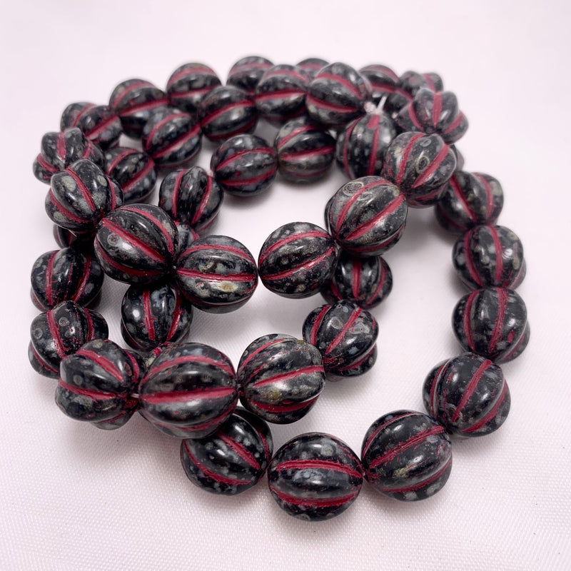 Melon Czech Glass Beads Black with Red Wash 8mm