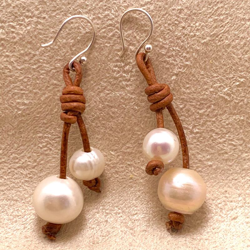 Leather and Pearl Double Drop Earrings