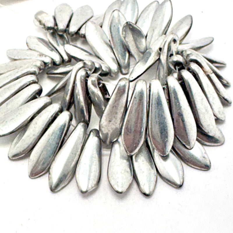 Two Hole Dagger Czech Glass, Shiny SIlver 4 x 15mm