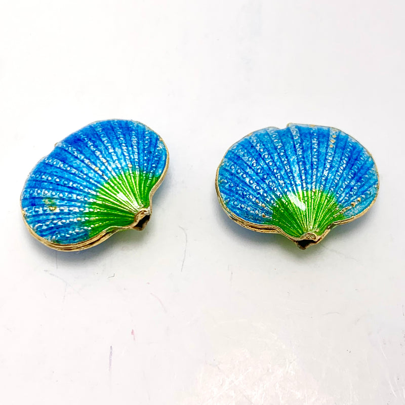 Cloisonne Shell Bead, Aqua  with Lime 20mm