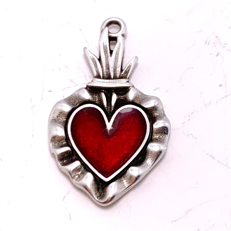 Red Enamel Heart Charm, Silver