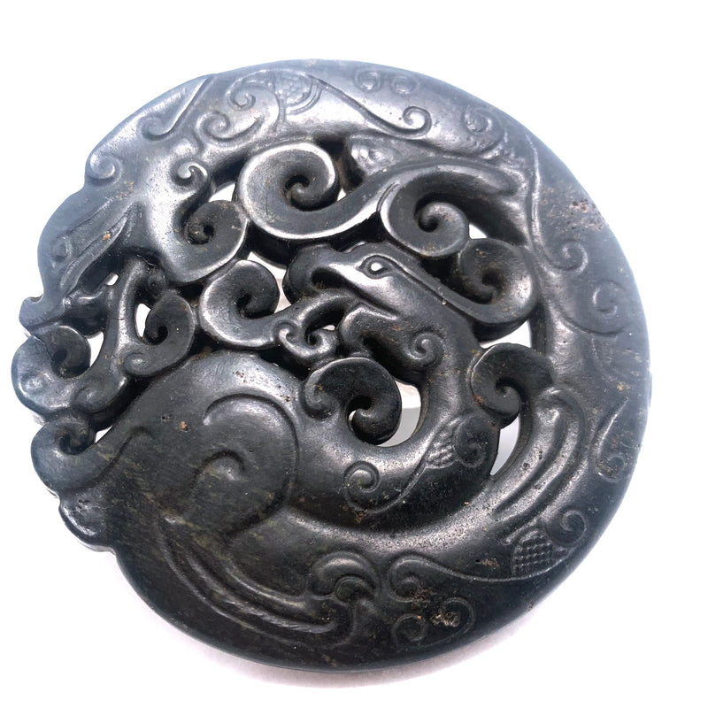 Carved Stone Pendant, Sea Serpents 66x66mm Black
