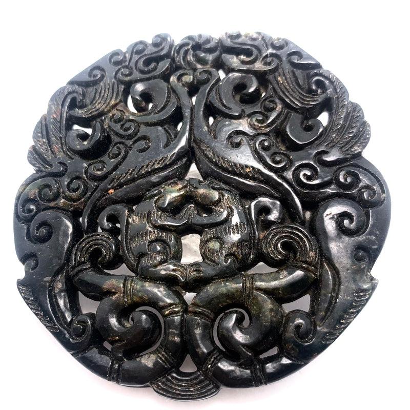 Carved Stone Pendant, 2 Fox 66x66mm Black