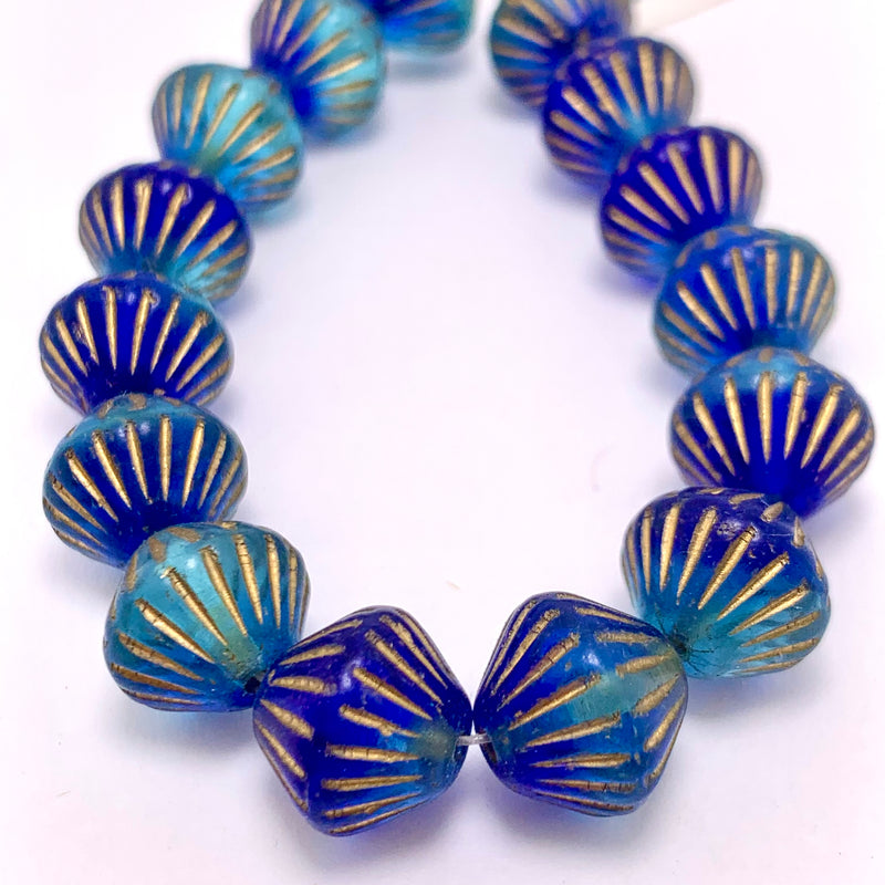 Czech Glass Tribal Bicone Bead, Sapphire and Sky Blue with a Gold Wash, 11mm