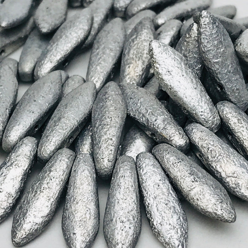 Two Hole Dagger Czech Glass, Etched Silver 5 x 16mm