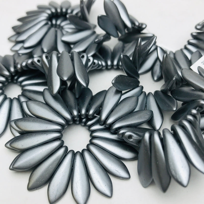 Two Hole Dagger Czech Glass, Matte Silver 5 x 16mm