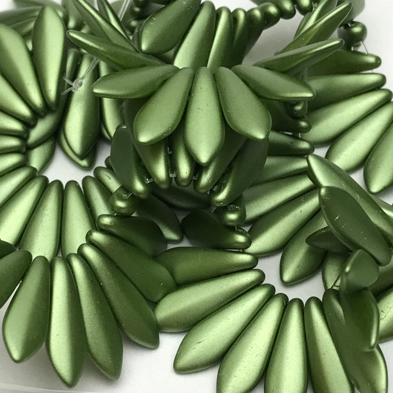 Two Hole Dagger Czech Glass, Olive 5 x 16mm