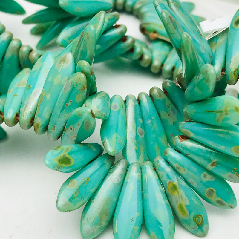 Two Hole Dagger Czech Glass, Opaque Turquoise Picasso 5 x 16mm