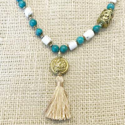 Long Amazonite Conch Shell and Brass Bead Necklace