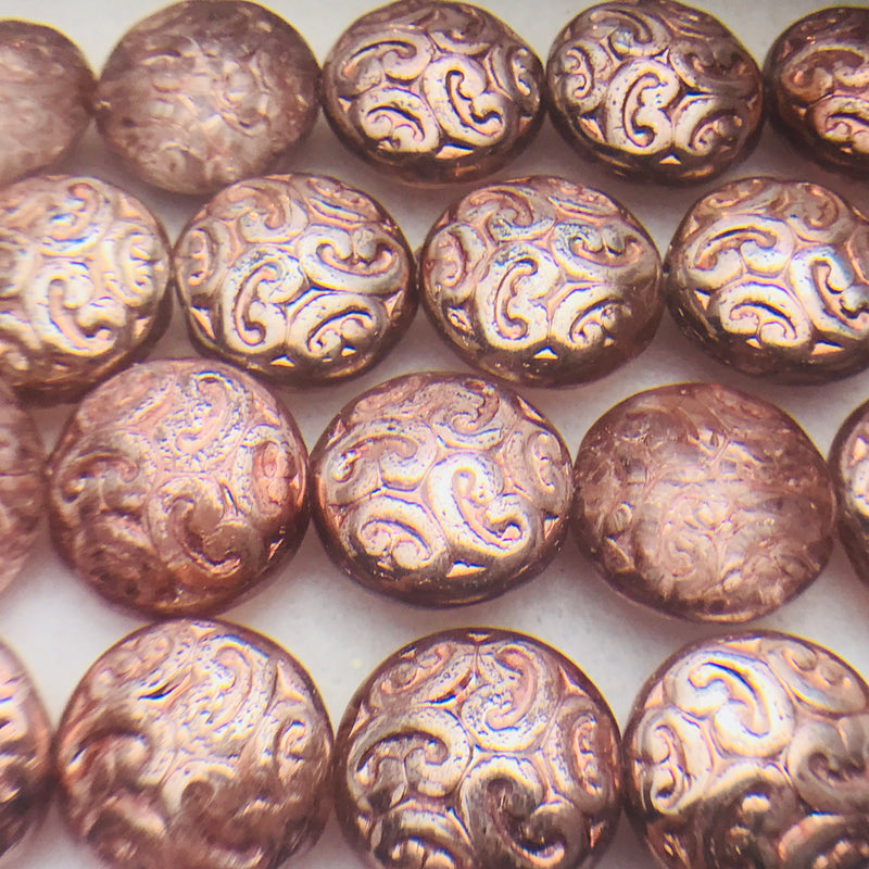 Coin Czech Beads, Crystal Copper 2X Ornamental 13mm