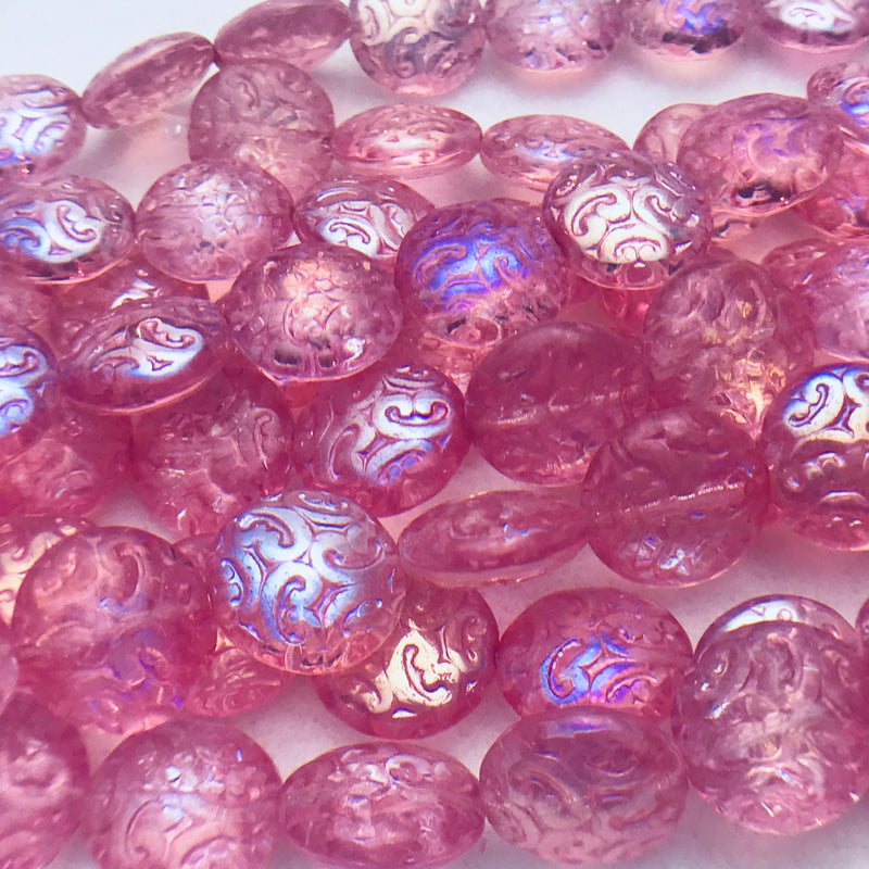 Button Coin Czech Beads, Crystal Pink AB Ornamental 13mm