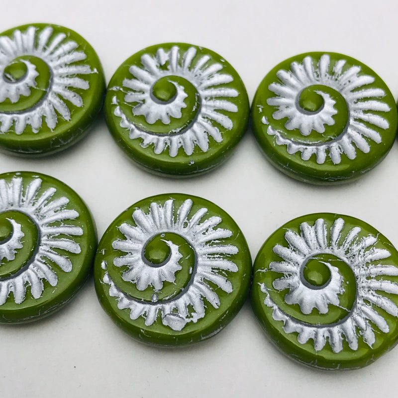 Nautilus Coin Czech Beads, 18mm, Green with Silver