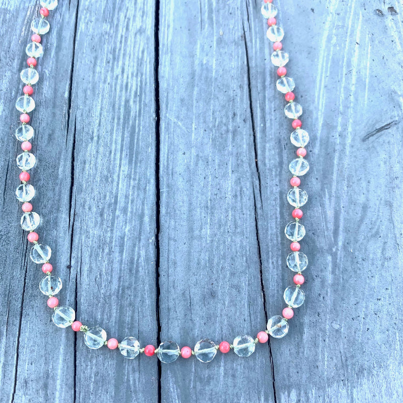 Faceted Blue Quartz and Coral Knotted Necklace